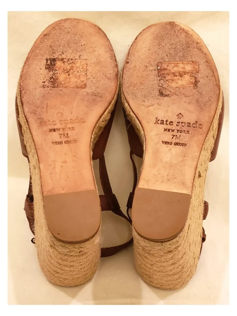 Kate Spade New York Espadrille Wedge Sandals Size 7M Cognac/Brown Leather